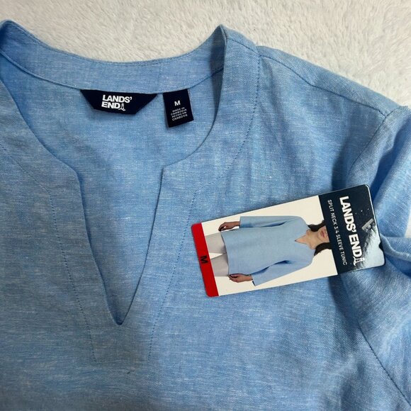 Lands' End Womens Blue Linen Blend Split Neck 3/4 Sleeve Tunic Top Medium NWD - Picture 4 of 10